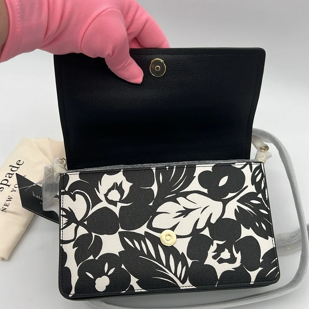 Kate Spade Morgan Tropical Foliage Flap Chain Wallet Crossbody Black Multi